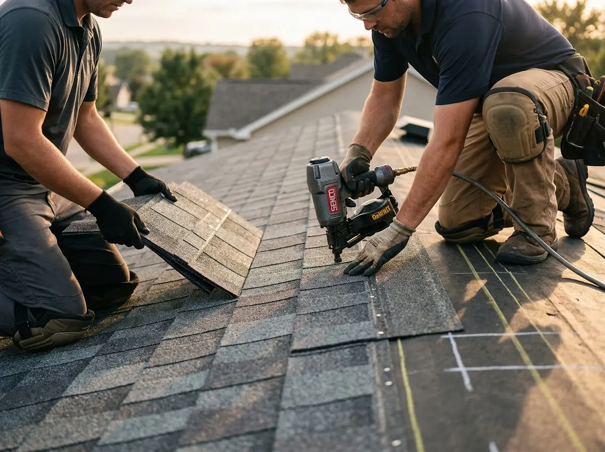 Professional roofer working on a residential roof in Midland
